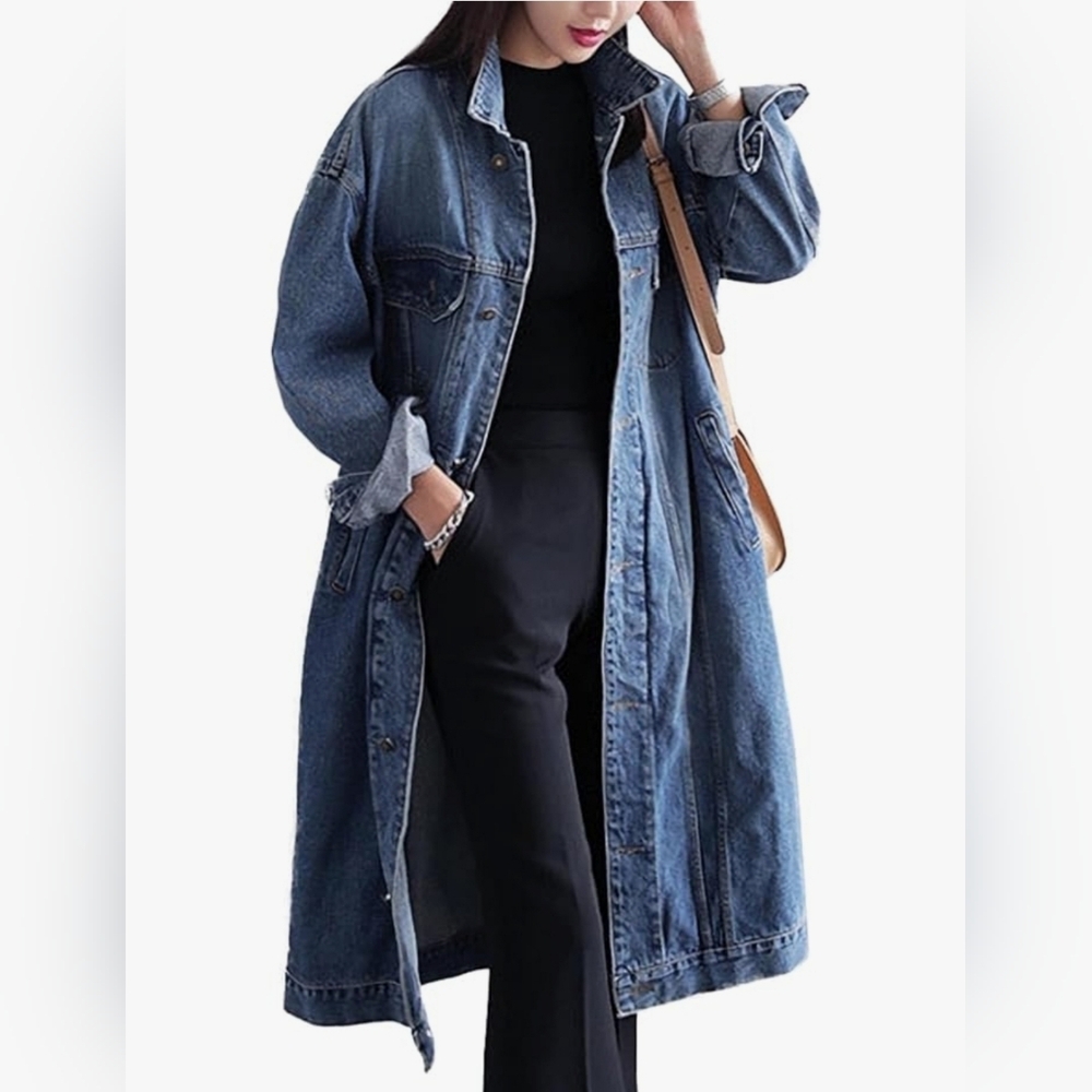 NWT LONG DENIM TRENCH COAT FALL WINTER FASHION - Picture 2 of 8